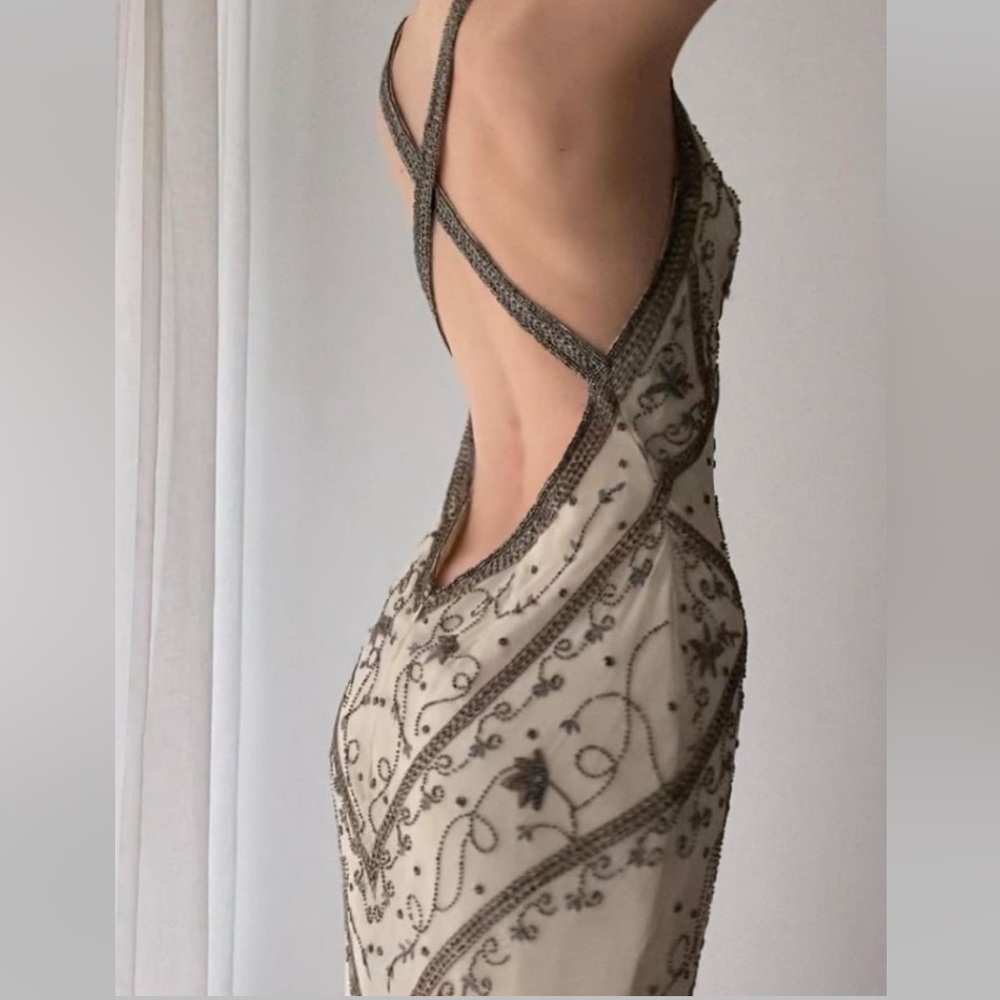 Vintage 90’s 100% Silk Beaded Dress Silk Slip Dress Backless White Gown Prom Y2K - Picture 5 of 16